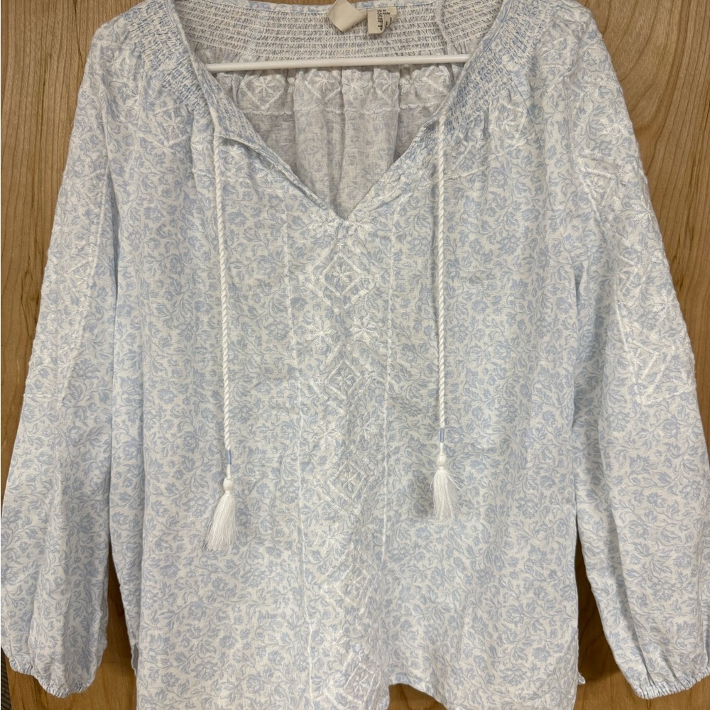 Joie Peasant Blouse Blue White Embroidered Boho Floral Tassel Linen Blend Medium